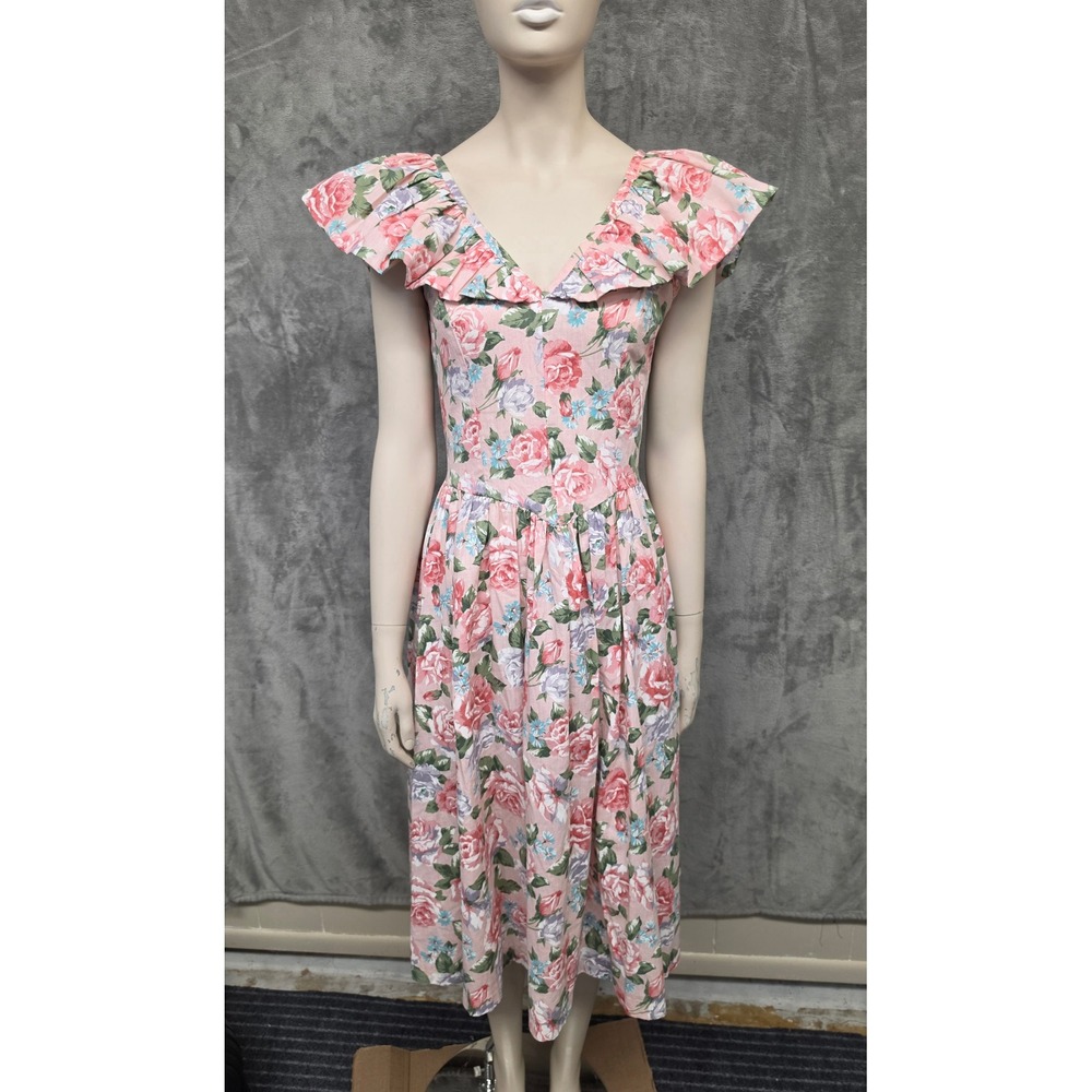 Vintage All That Jazz Floral Ruffle Midi Dress Pink Rose Open Back Cottagecore
